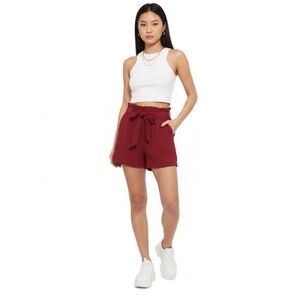 Women's Paperbag Tie-Waist Shorts in Burgundy